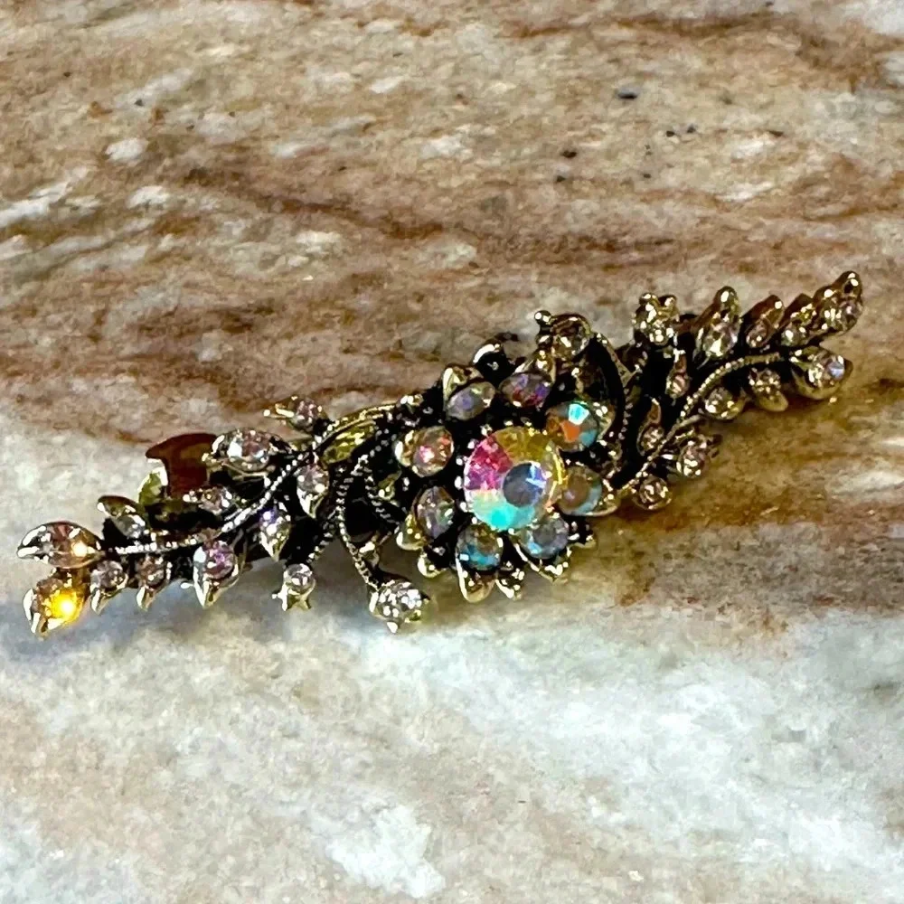 Aurora Borealis AB Floral Crystal Rhinestone Medium Barrette Hair Clip - Picture 3 of 6